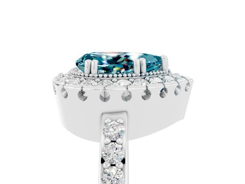 White gold Pear Cut Blue Topaz Halo Ring with Pavé Band and Prong Setting_5