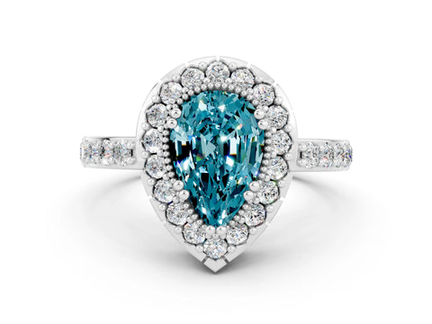 White gold Pear Cut Blue Topaz Halo Ring with Pavé Band and Prong Setting
