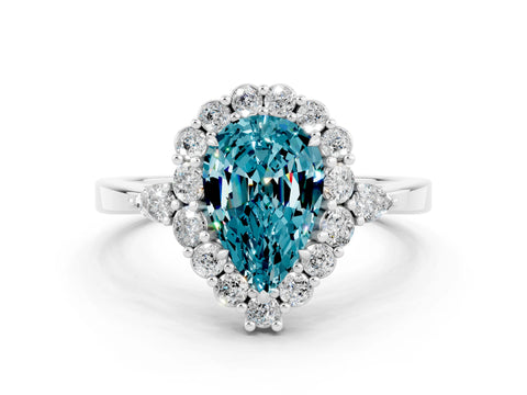White gold Pear Cut Blue Topaz Halo Ring with Pear Side Stones and Prong Setting_12