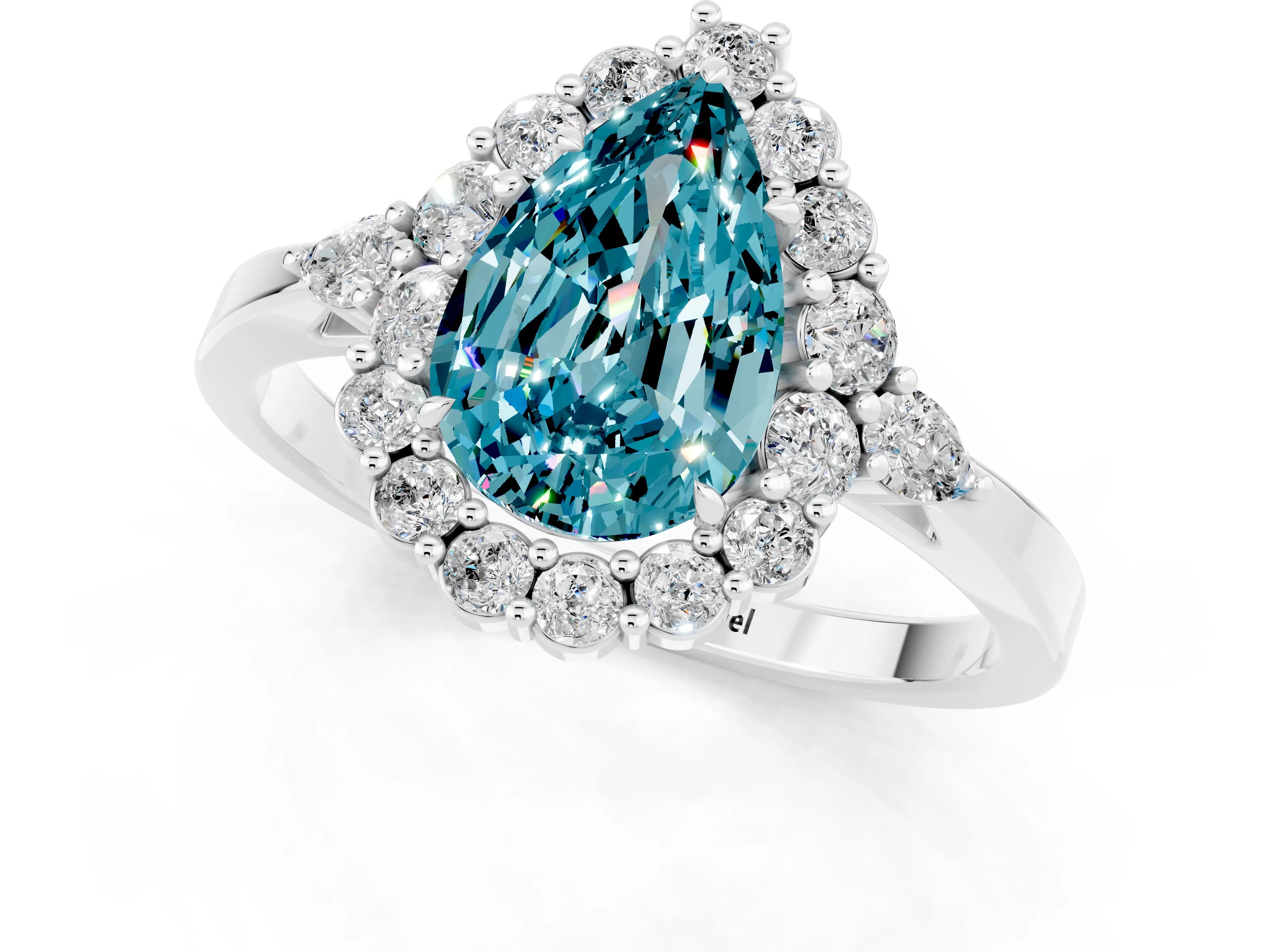 White gold Pear Cut Blue Topaz Halo Ring with Pear Side Stones and Prong Setting_13