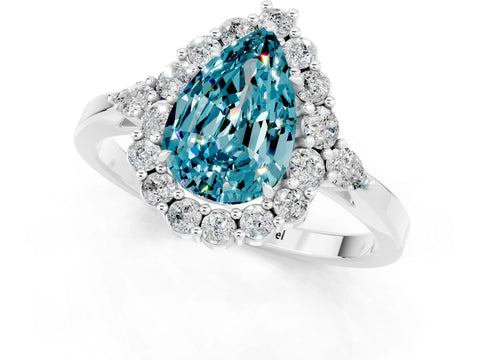 White gold Pear Cut Blue Topaz Halo Ring with Pear Side Stones and Prong Setting_13