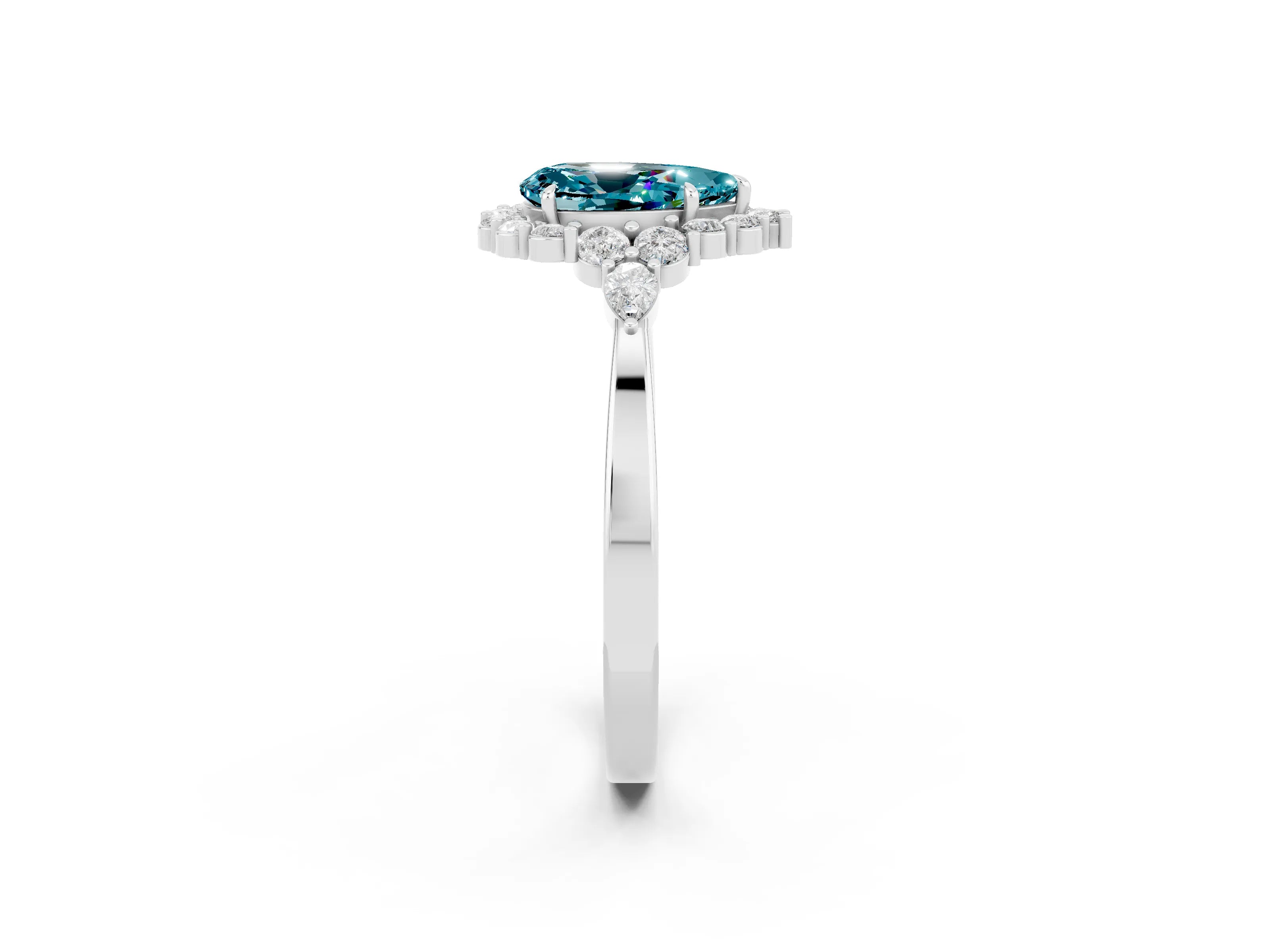 White gold Pear Cut Blue Topaz Halo Ring with Pear Side Stones and Prong Setting_14