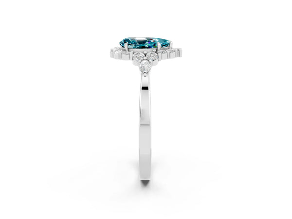Silver Pear Cut Blue Topaz Halo Ring with Pear Side Stones and Prong Setting
