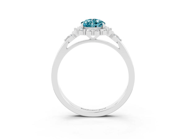 Platinum Pear Cut Blue Topaz Halo Ring with Pear Side Stones and Prong Setting