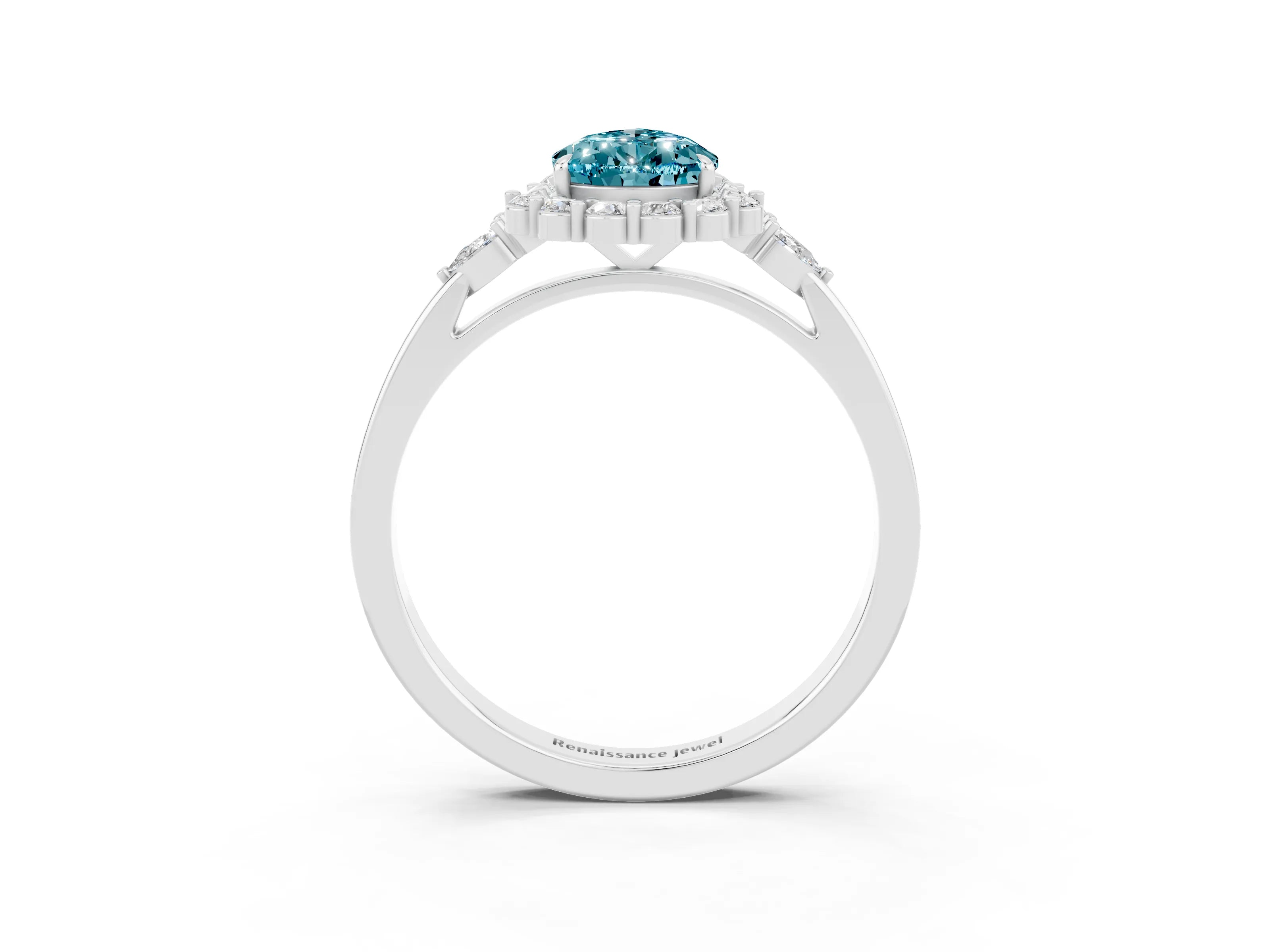 White gold Pear Cut Blue Topaz Halo Ring with Pear Side Stones and Prong Setting_15