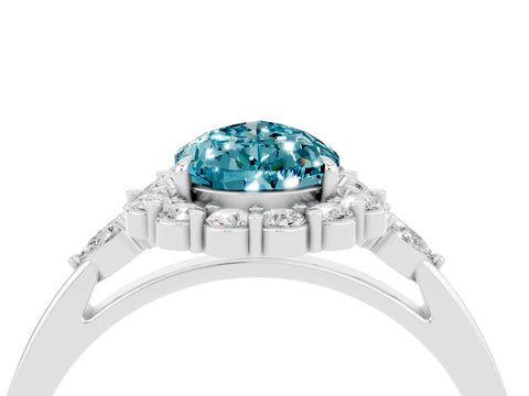 White gold Pear Cut Blue Topaz Halo Ring with Pear Side Stones and Prong Setting_16