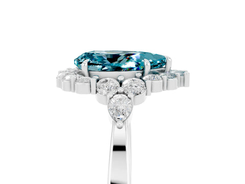 White gold Pear Cut Blue Topaz Halo Ring with Pear Side Stones and Prong Setting_17
