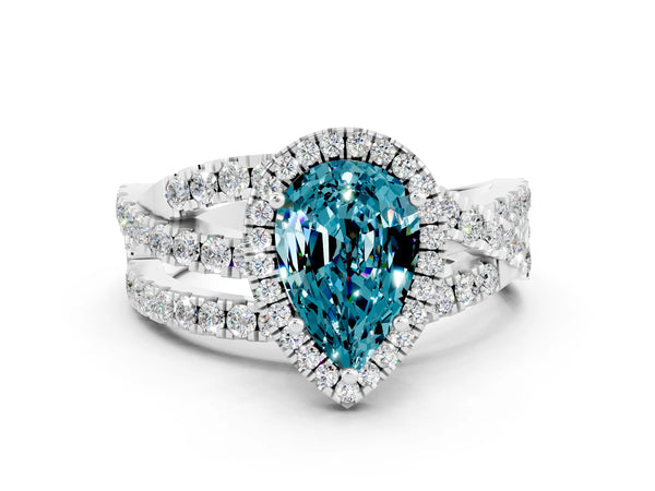 White gold Pear Cut Blue Topaz Halo Ring with Round Split Shank and Prong Setting