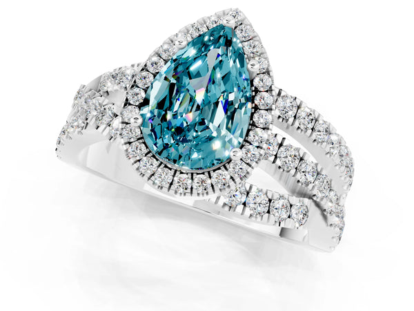 Platinum Pear Cut Blue Topaz Halo Ring with Round Split Shank and Prong Setting