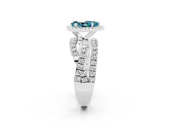 Platinum Pear Cut Blue Topaz Halo Ring with Round Split Shank and Prong Setting