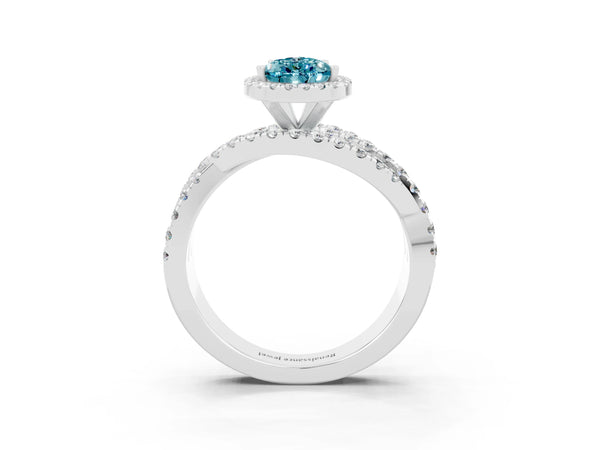 Silver Pear Cut Blue Topaz Halo Ring with Round Split Shank and Prong Setting