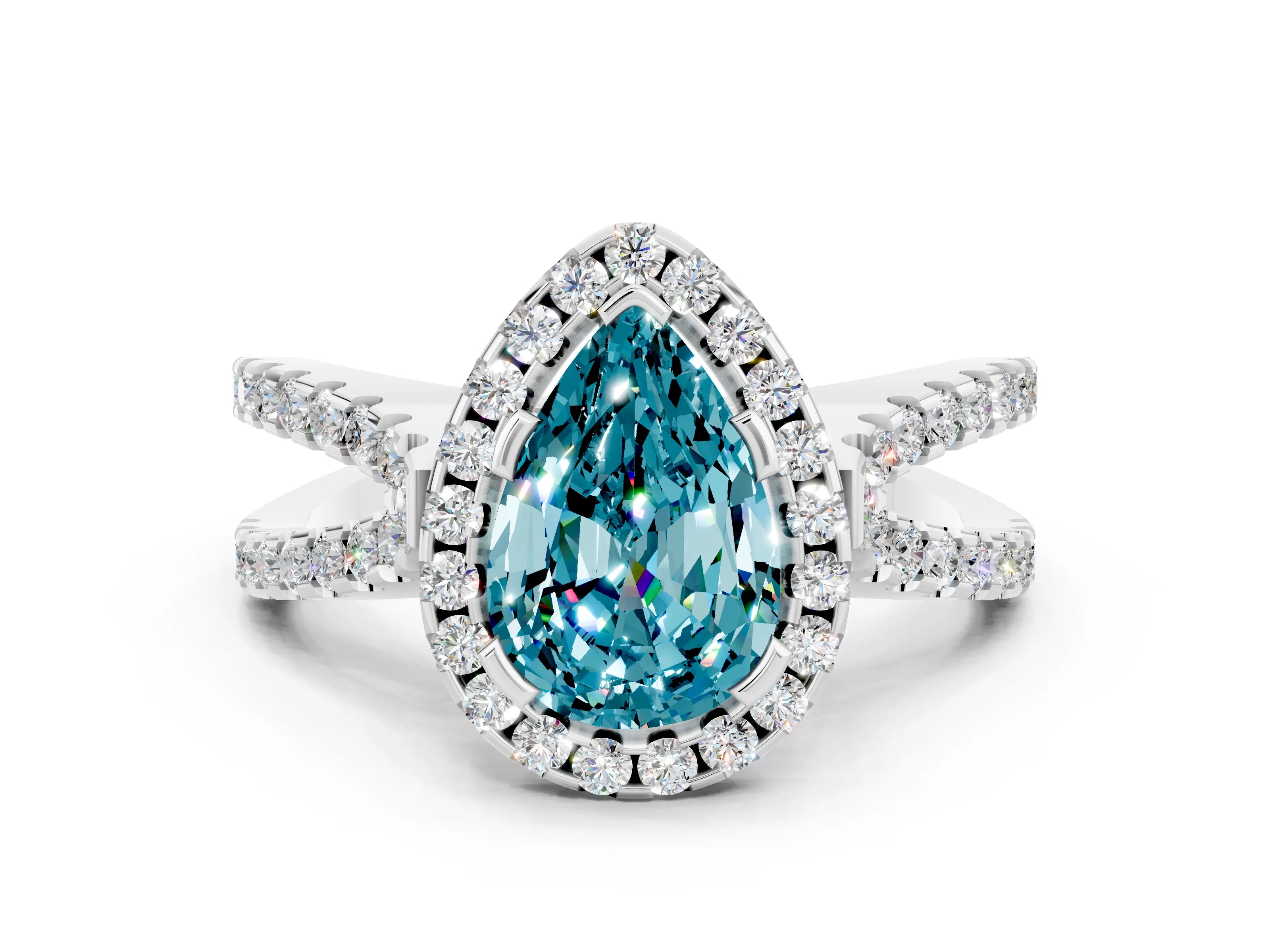 White gold Pear Cut Blue Topaz Halo Ring with Split Shank Pavé Band and Prong Setting