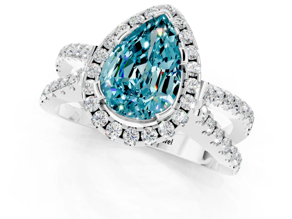 Platinum Pear Cut Blue Topaz Halo Ring with Split Shank Pavé Band and Prong Setting