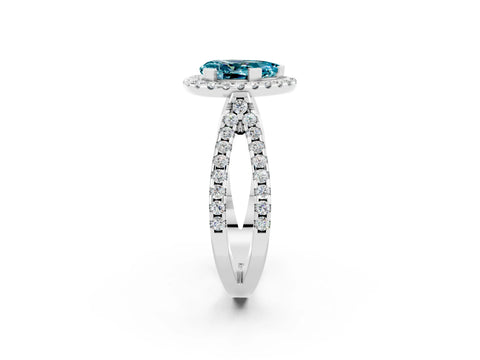 White gold Pear Cut Blue Topaz Halo Ring with Split Shank Pavé Band and Prong Setting_2