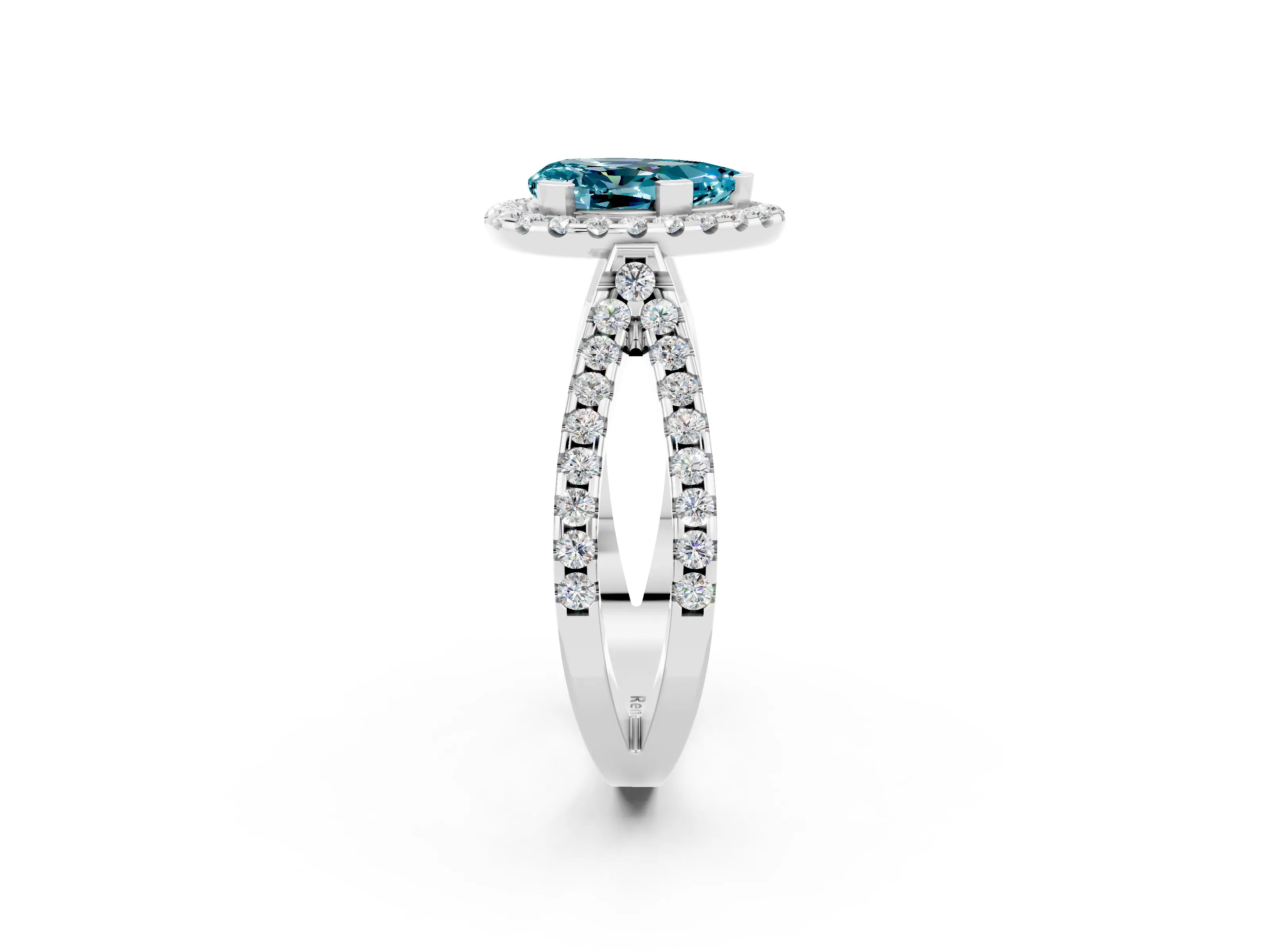 White gold Pear Cut Blue Topaz Halo Ring with Split Shank Pavé Band and Prong Setting_2