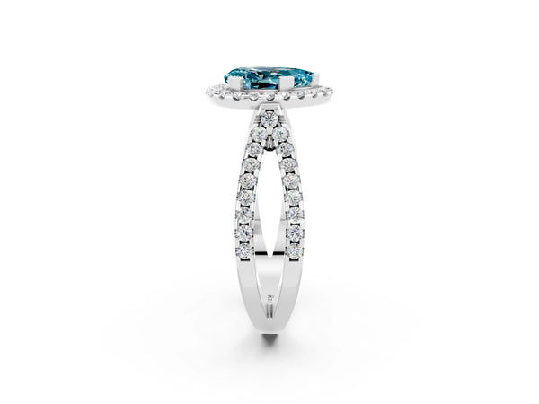 White gold Pear Cut Blue Topaz Halo Ring with Split Shank Pavé Band and Prong Setting