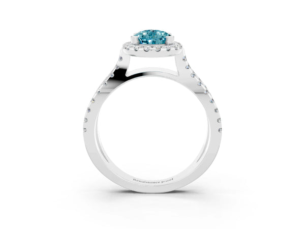 White gold Pear Cut Blue Topaz Halo Ring with Split Shank Pavé Band and Prong Setting