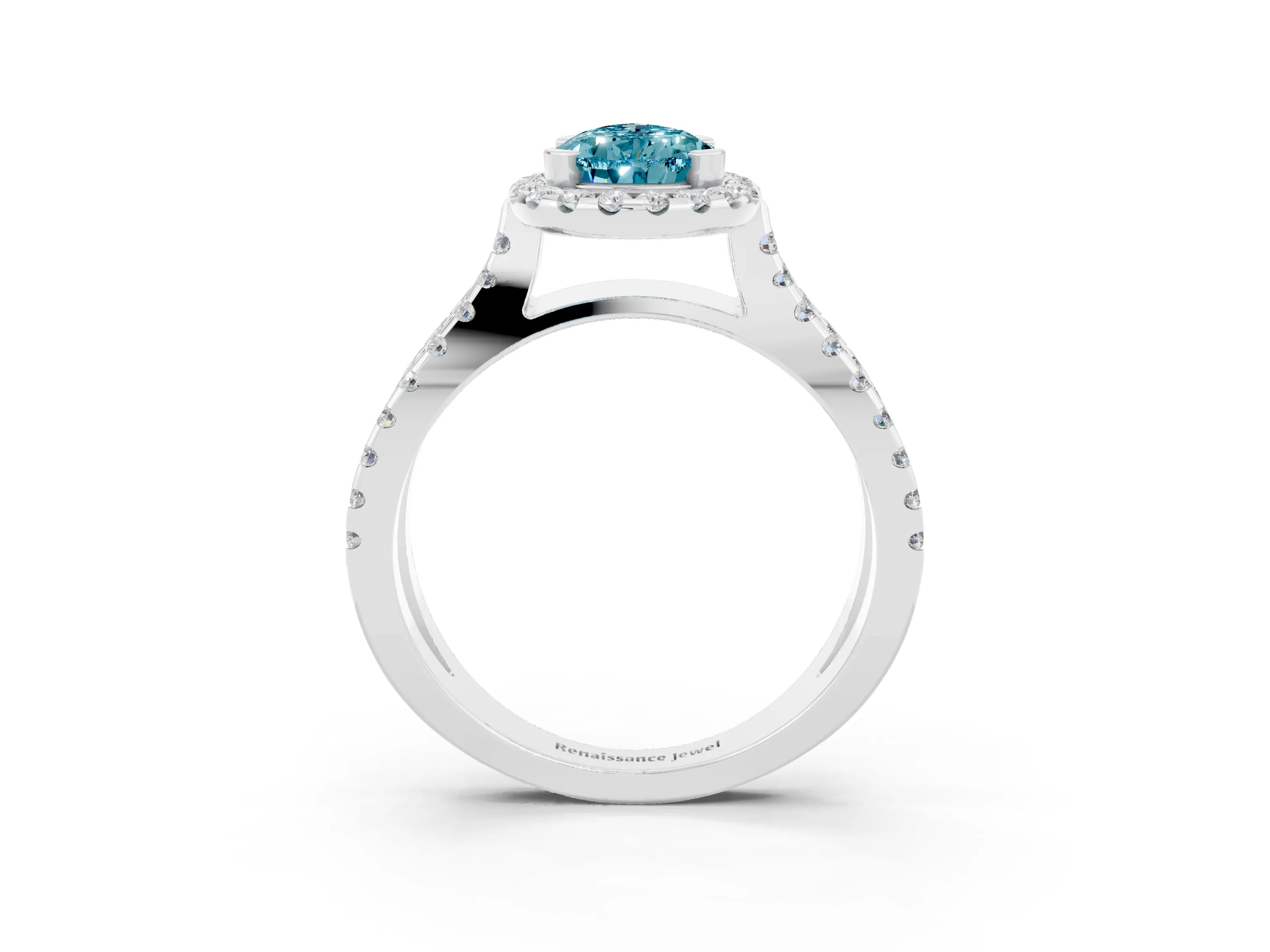 White gold Pear Cut Blue Topaz Halo Ring with Split Shank Pavé Band and Prong Setting_3
