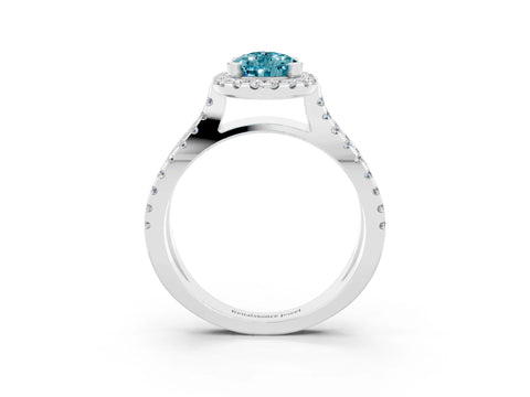 White gold Pear Cut Blue Topaz Halo Ring with Split Shank Pavé Band and Prong Setting_3