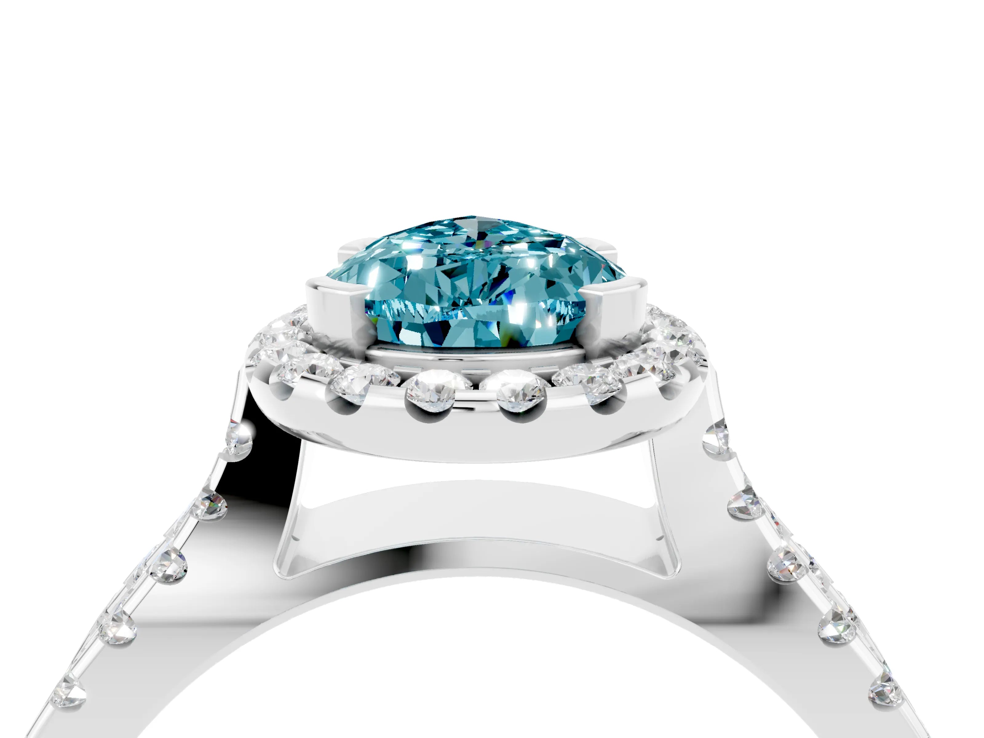White gold Pear Cut Blue Topaz Halo Ring with Split Shank Pavé Band and Prong Setting_4