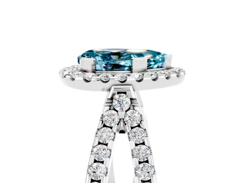 White gold Pear Cut Blue Topaz Halo Ring with Split Shank Pavé Band and Prong Setting_5