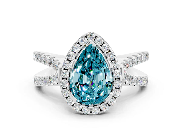 Silver Pear Cut Blue Topaz Halo Ring with Split Shank Pavé Band and Prong Setting