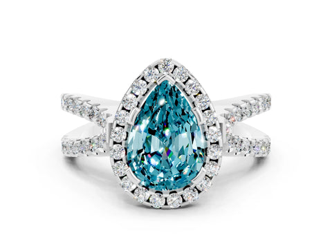 White gold Pear Cut Blue Topaz Halo Ring with Split Shank Pavé Band and Prong Setting