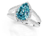 14K White Gold Blue Topaz Halo Ring with Split Shank U-Prong Band and Four-Prong Setting