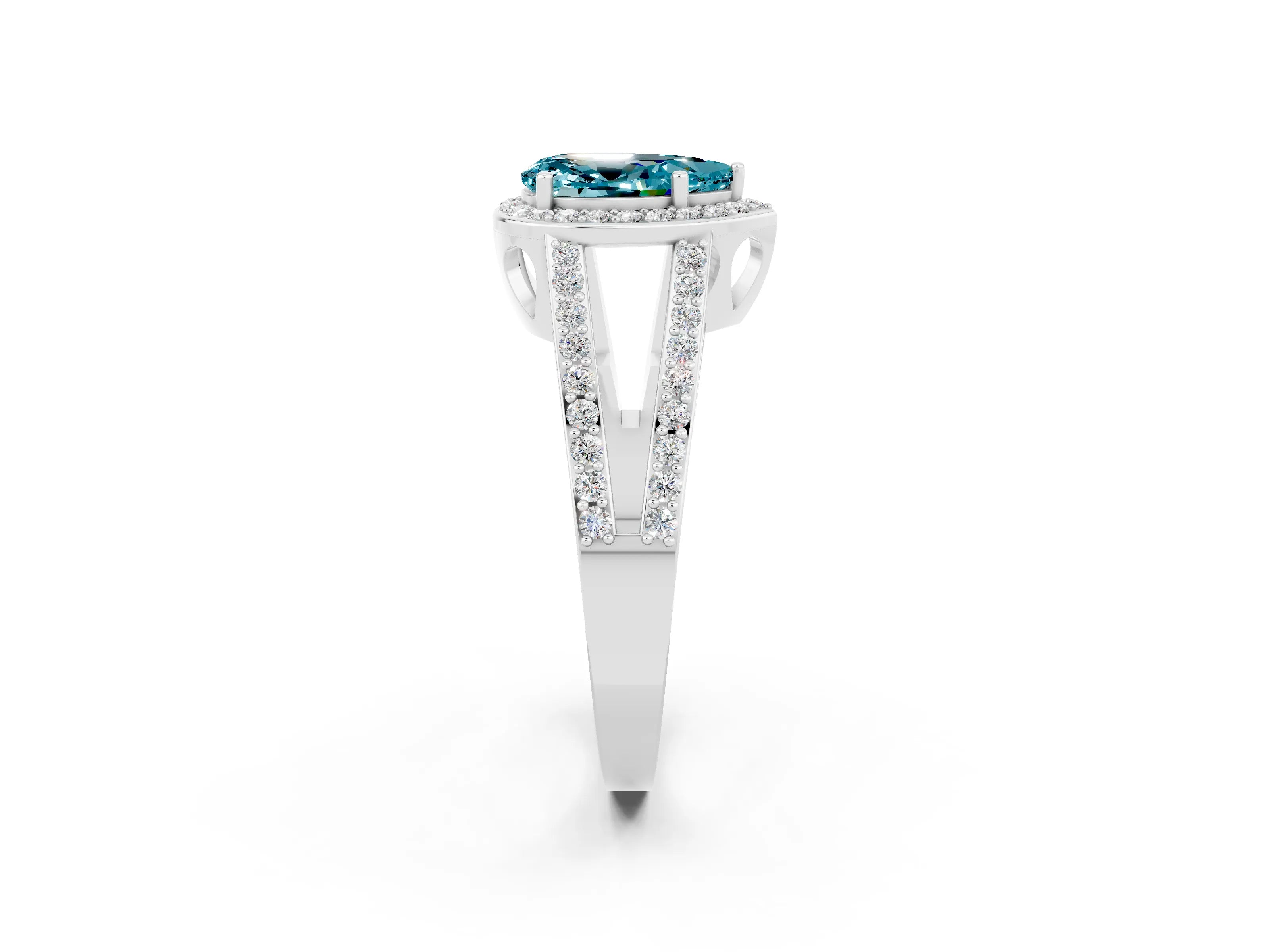 White gold Pear Cut Blue Topaz Halo Ring with Split Shank U-Prong Band and Four-Prong Setting_2