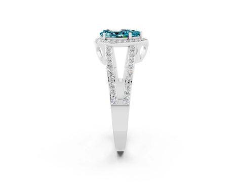 White gold Pear Cut Blue Topaz Halo Ring with Split Shank U-Prong Band and Four-Prong Setting_2