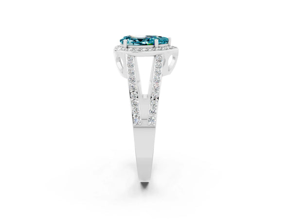 14K White Gold Blue Topaz Halo Ring with Split Shank U-Prong Band and Four-Prong Setting