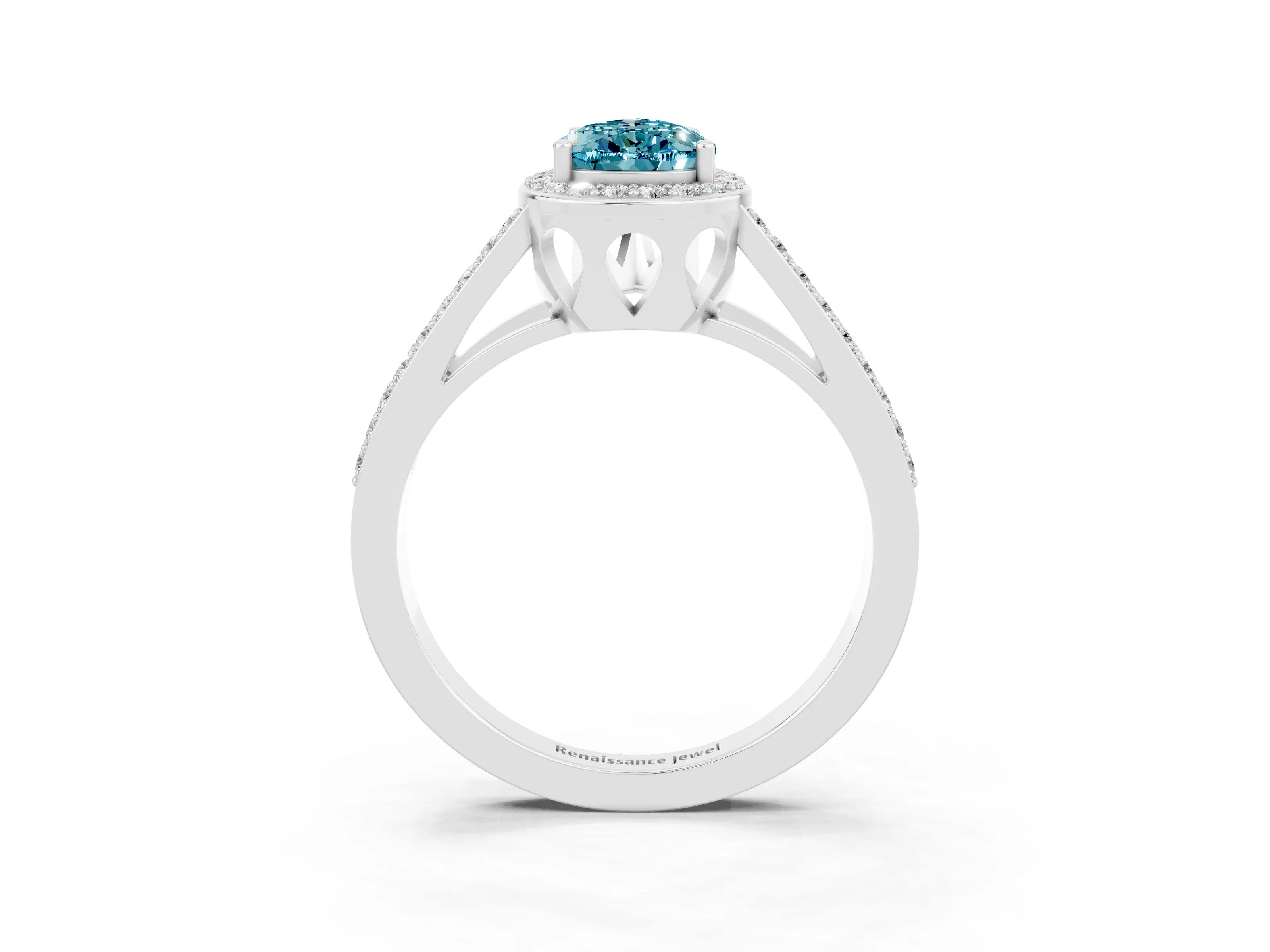 White gold Pear Cut Blue Topaz Halo Ring with Split Shank U-Prong Band and Four-Prong Setting_3