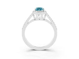 14K White Gold Blue Topaz Halo Ring with Split Shank U-Prong Band and Four-Prong Setting