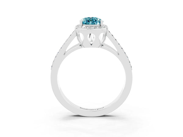 14K White Gold Blue Topaz Halo Ring with Split Shank U-Prong Band and Four-Prong Setting