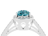14K White Gold Blue Topaz Halo Ring with Split Shank U-Prong Band and Four-Prong Setting