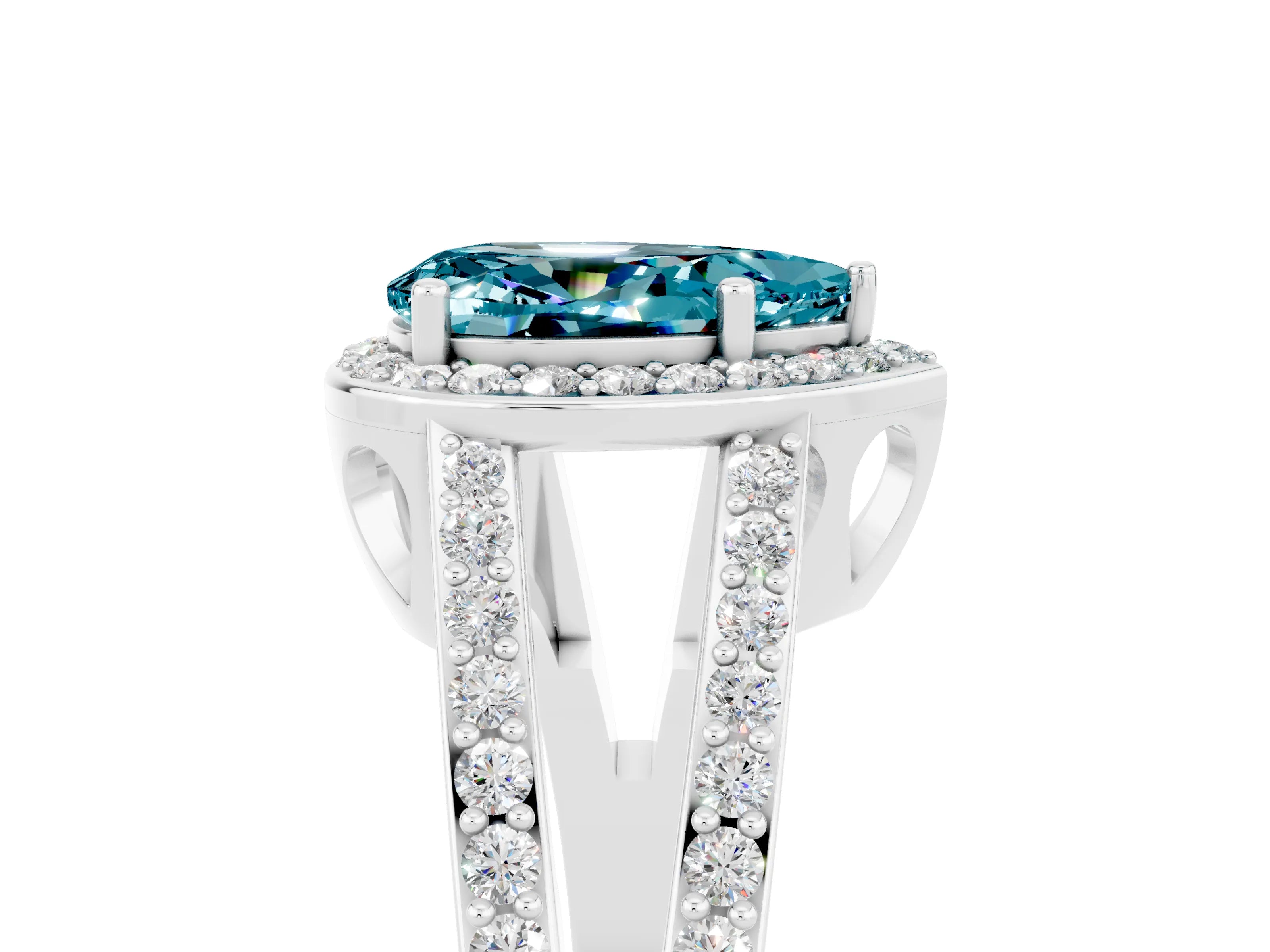White gold Pear Cut Blue Topaz Halo Ring with Split Shank U-Prong Band and Four-Prong Setting_5