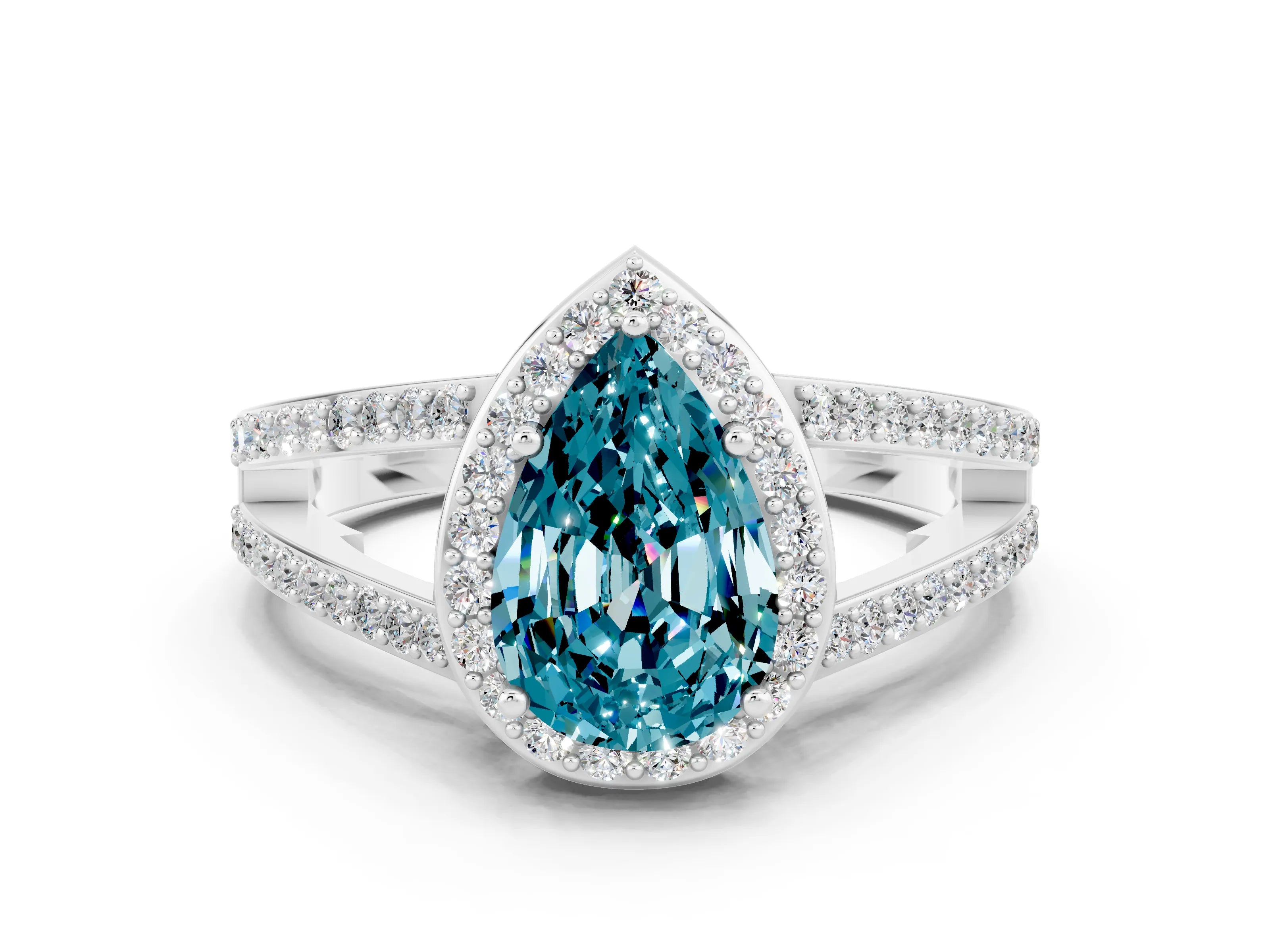 White gold Pear Cut Blue Topaz Halo Ring with Split Shank U-Prong Band and Four-Prong Setting
