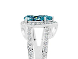 14K White Gold Blue Topaz Halo Ring with Split Shank U-Prong Band and Four-Prong Setting