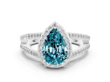 14K White Gold Blue Topaz Halo Ring with Split Shank U-Prong Band and Four-Prong Setting