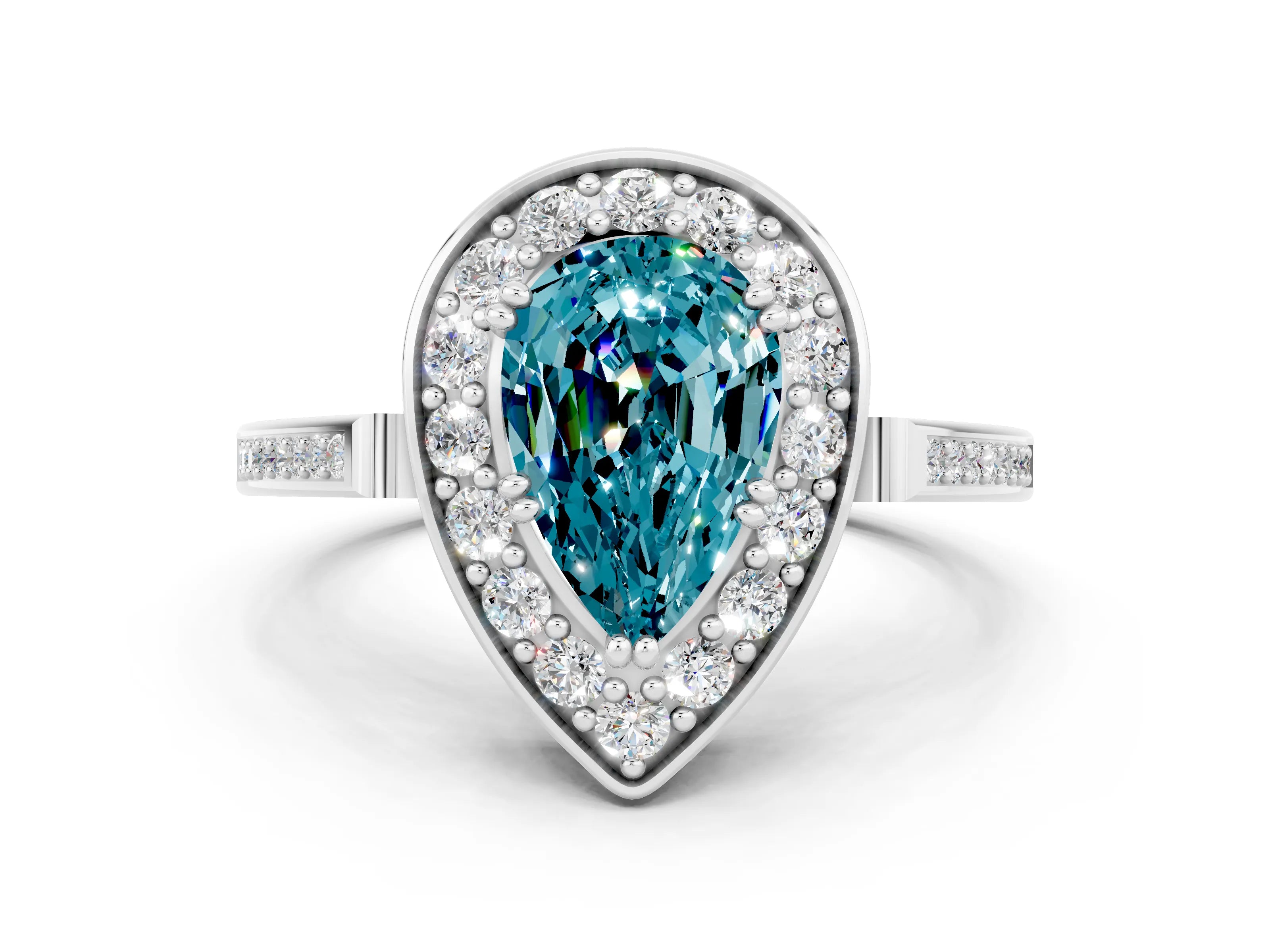 White gold Pear Cut Blue Topaz Halo Ring with Split Shank and Four-Prong Setting
