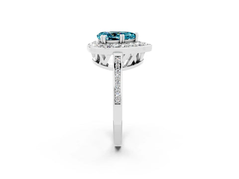White gold Pear Cut Blue Topaz Halo Ring with Split Shank and Four-Prong Setting_14