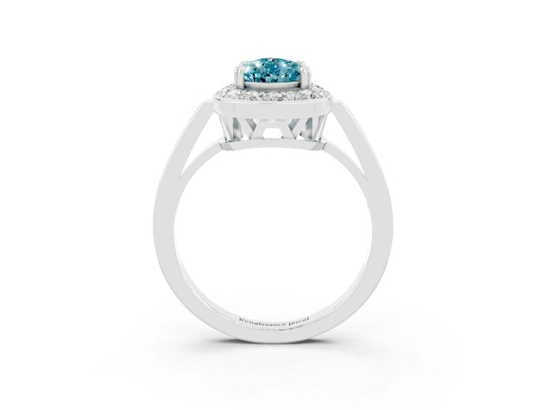 White gold Pear Cut Blue Topaz Halo Ring with Split Shank and Four-Prong Setting