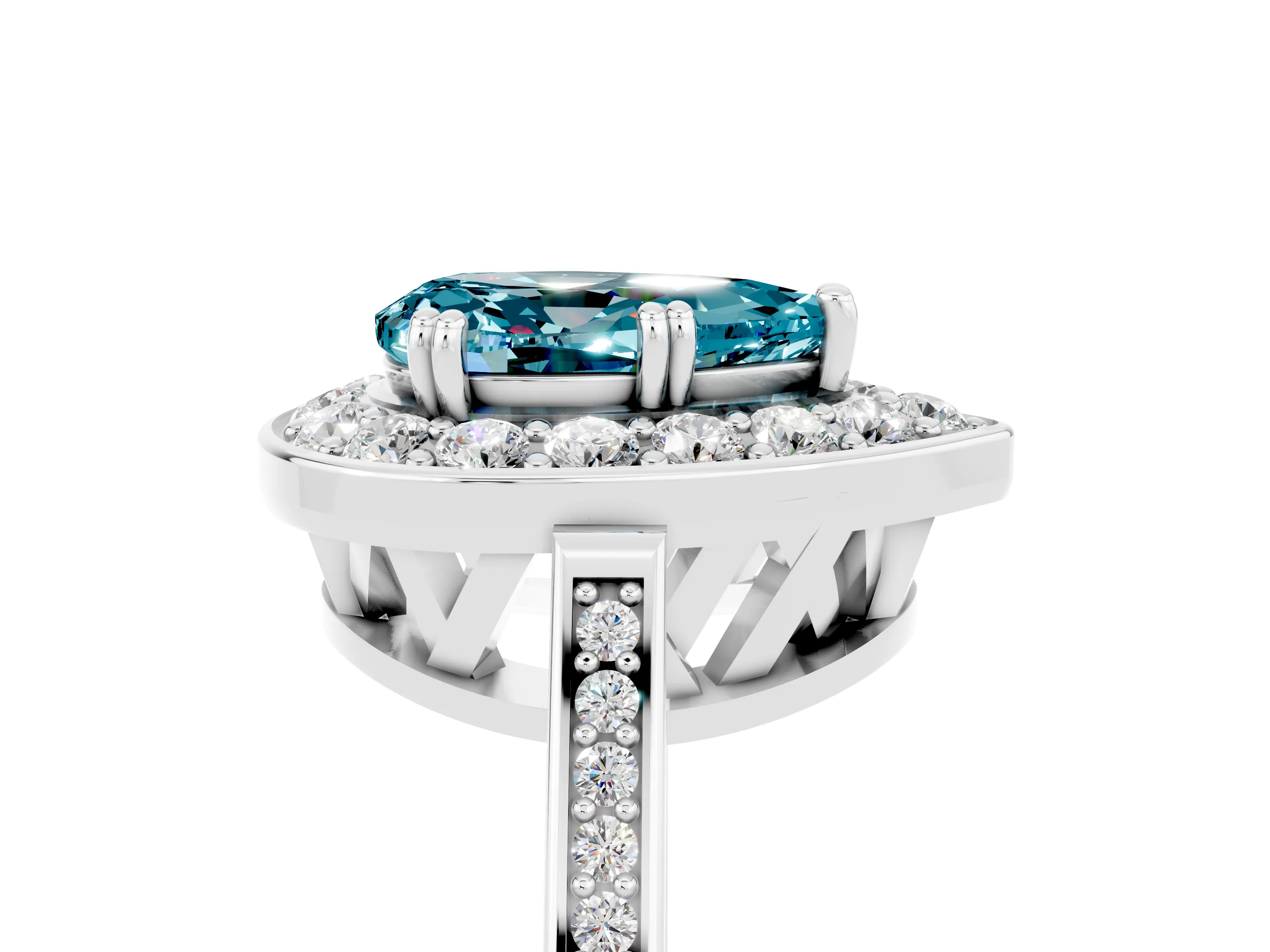 White gold Pear Cut Blue Topaz Halo Ring with Split Shank and Four-Prong Setting_17