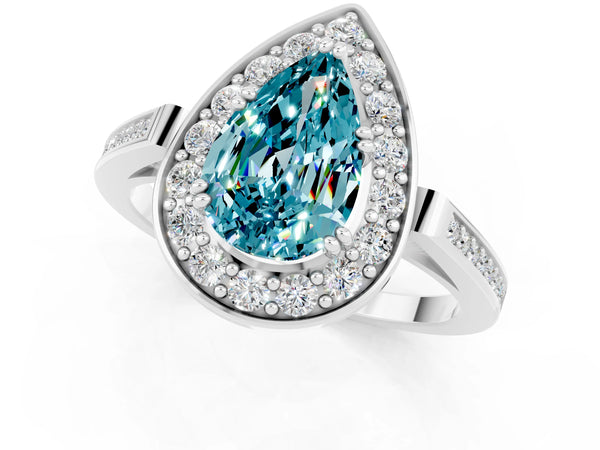 Silver Pear Cut Blue Topaz Halo Ring with Split Shank and Four-Prong Setting