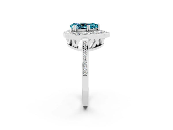 Platinum Pear Cut Blue Topaz Halo Ring with Split Shank and Four-Prong Setting