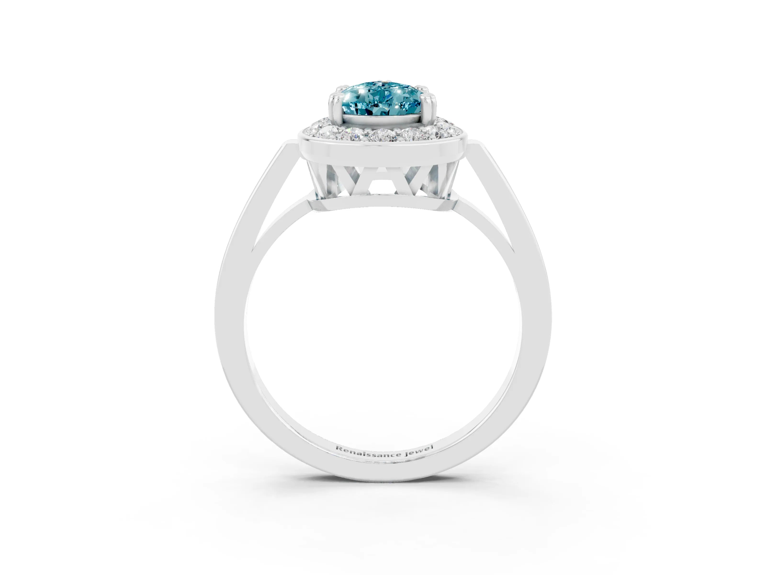 White gold Pear Cut Blue Topaz Halo Ring with Split Shank and Four-Prong Setting_3