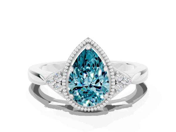 Platinum Pear Cut Blue Topaz Halo Ring with Tapered Band and Four-Prong Setting