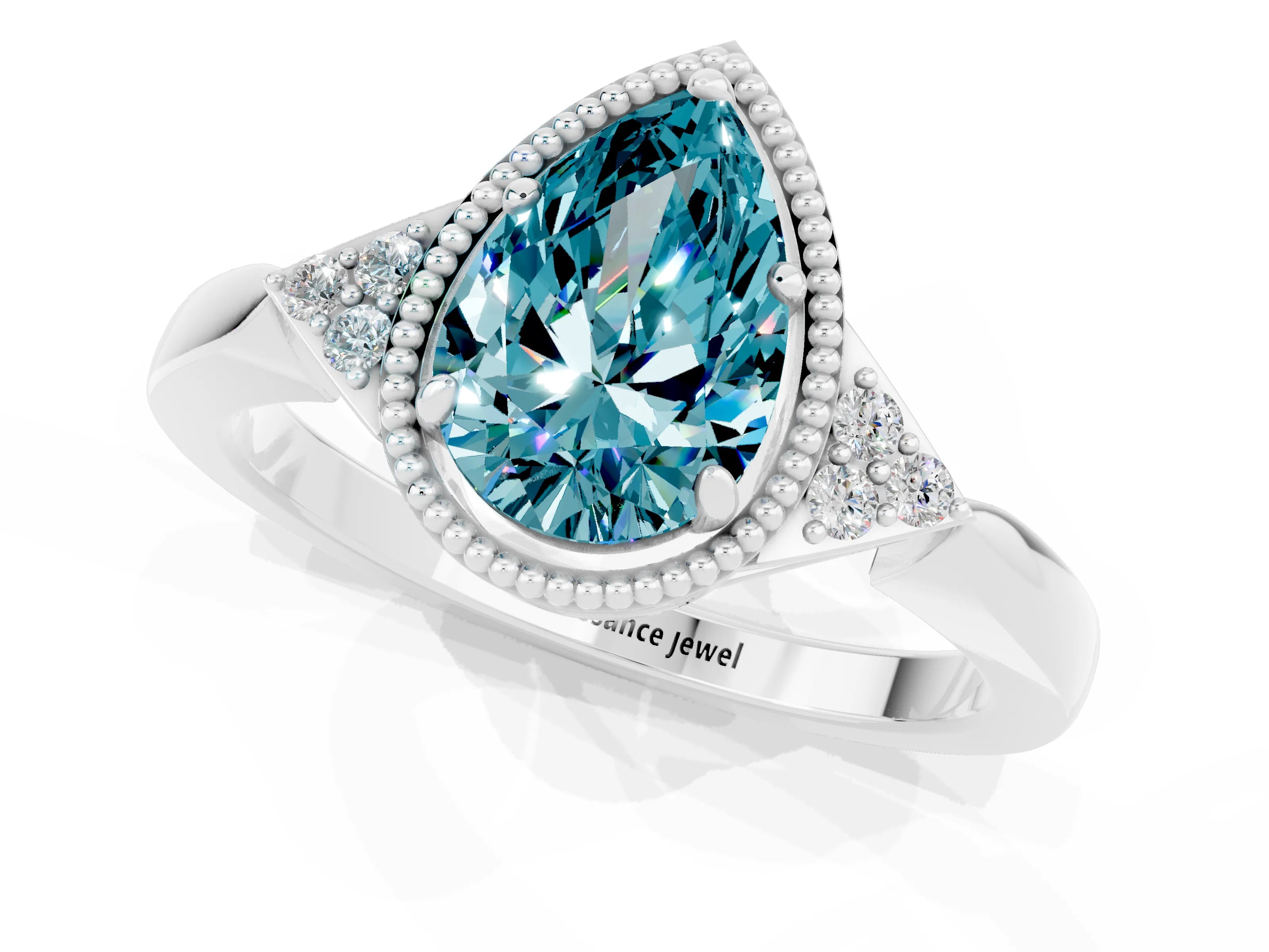 White gold Pear Cut Blue Topaz Halo Ring with Tapered Band and Four-Prong Setting_1