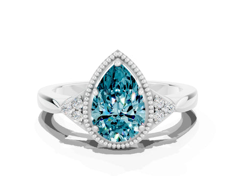 White gold Pear Cut Blue Topaz Halo Ring with Tapered Band and Four-Prong Setting