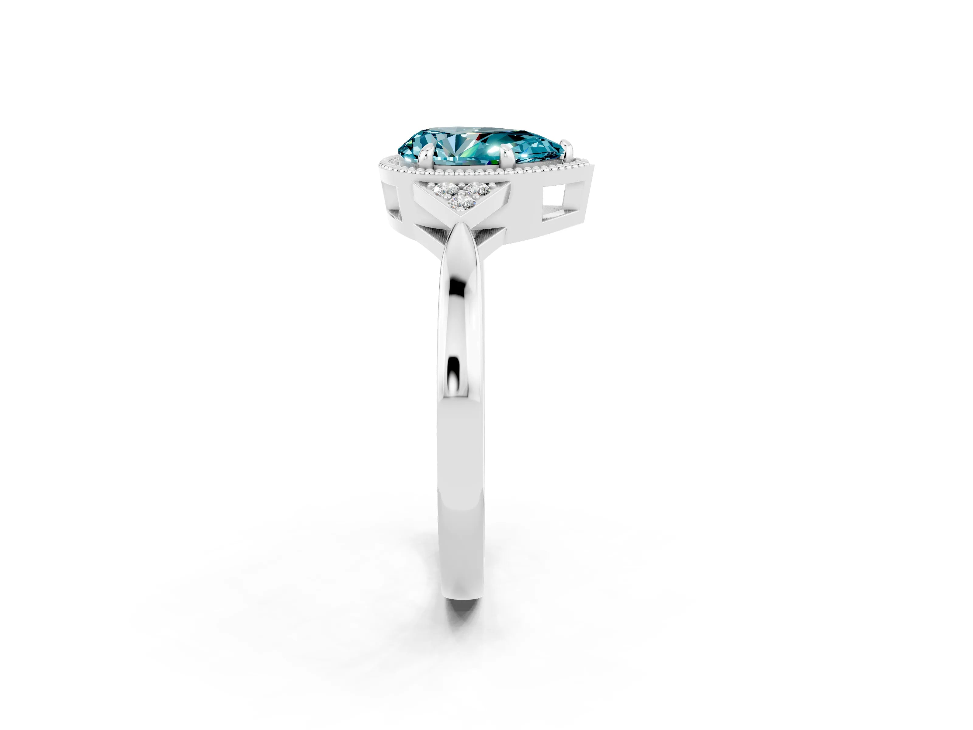 White gold Pear Cut Blue Topaz Halo Ring with Tapered Band and Four-Prong Setting_2